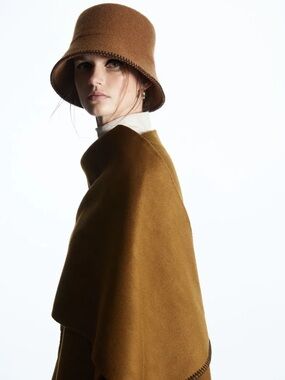 COS Brand New Brown Wool-Blend Bucket Hat with blanket-stitched edge. XS/S size.